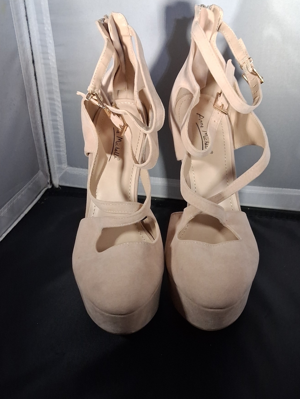 Anne Michelle Blush Nude Platform Crisscross Ankle-Strap Heels